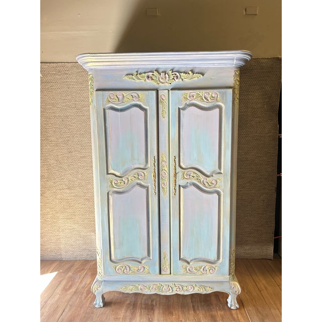 Gorgeous Whimsical and Romantic Blue Vintage French Provincial Armoire Custom Hand Painted. For Sale - Image 10 of 12