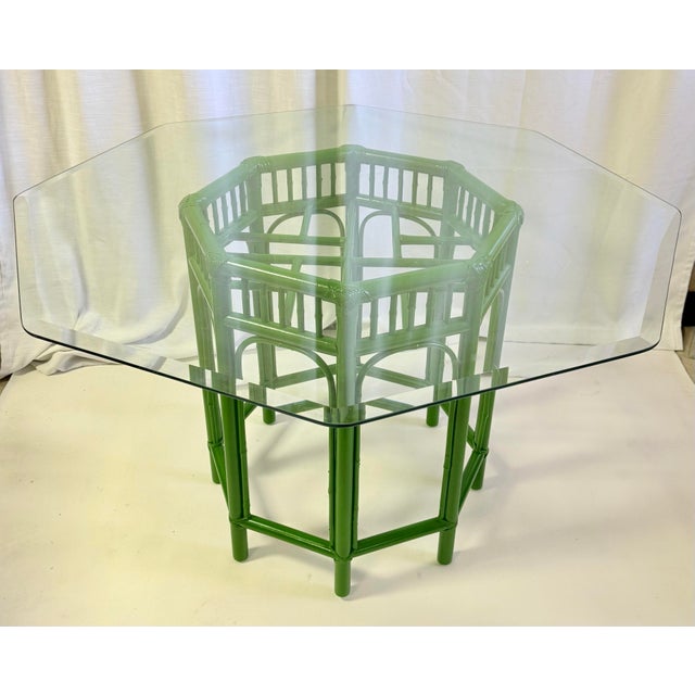 Vintage Brighton Pavilion Bamboo Green Octagonal Dining Table With Glass Top - Newly Painted For Sale - Image 12 of 12