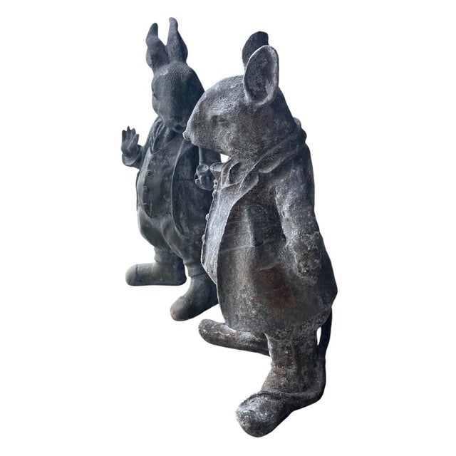 2000 - 2009 A Pair of Vintage Cast Iron Anthropomorphic Hare and Mouse Garden Statues For Sale - Image 5 of 12