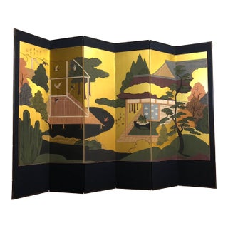 Japanese Byobu Temple Scene 6 Panel Room Divider Screen For Sale
