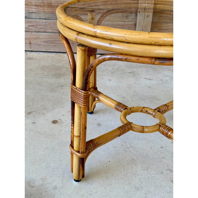 English Vintage Round Rattan Side Table With Custom Glass Top For Sale - Image 3 of 12