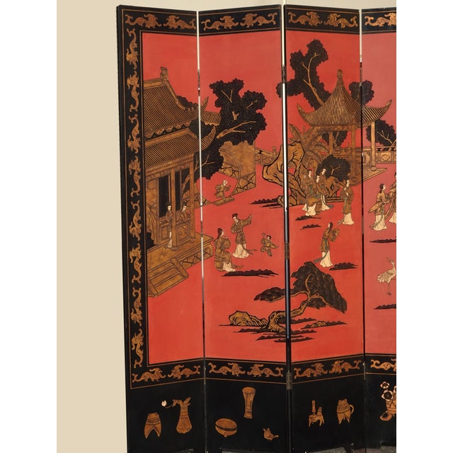 84"Tall Vintage Six Panel Oriental Asian Red Folding Screen Room Divider Palace For Sale - Image 4 of 18
