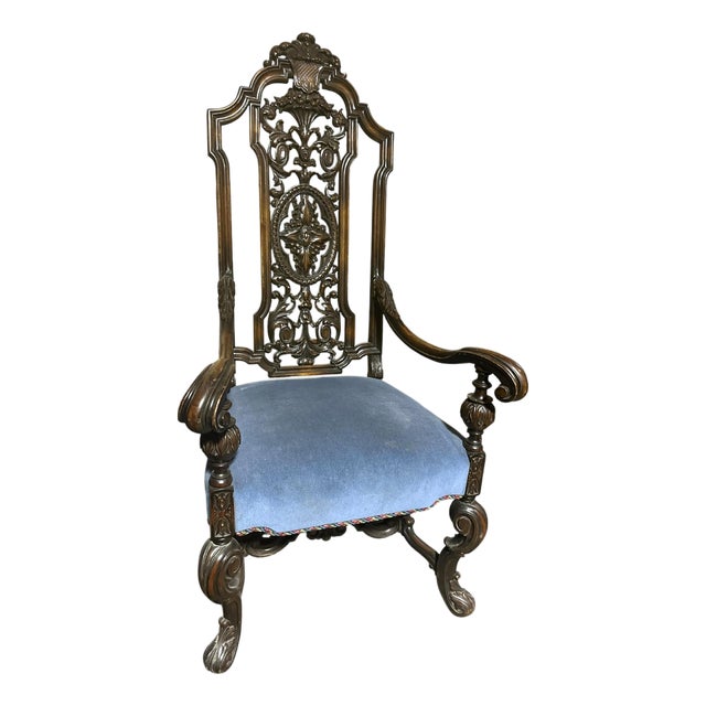 Antique Baroque Heavily Carved Walnut Hacienda Chair - 19th Century - 29" X 24" X 48" For Sale