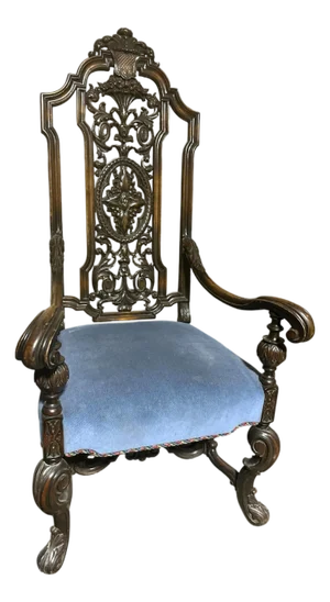 Antique Baroque Heavily Carved Walnut Hacienda Chair - 19th Century - 29" X 24" X 48"
