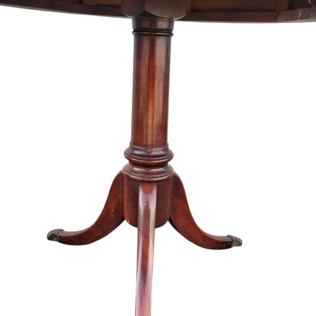 1940s Mahogany Round Side Table With Tooled Leather Top and Brass Pull Decor For Sale - Image 10 of 12