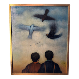 Mid Century Modern Painting of Boys Watching Birds by Antonio Russo Sarnelli, Italian