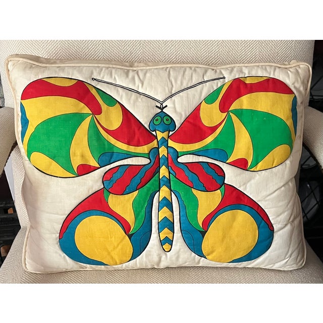 Mid-Century Modern Rectangular Accent Pillow With Quilted Mod Graphic Butterfly Design Circa 1970 For Sale - Image 9 of 9
