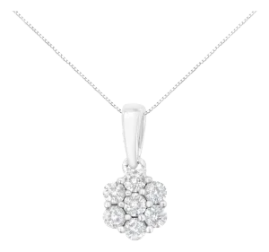 14K White Gold 1/2 cttw Prong Set Round-Cut Diamond 7 Stone Floral Cluster 18" Pendant Necklace (H-I Color, I1-I2 Clarity)