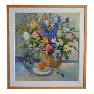 Nantucket Basket Floral Still Life Oil Painting, Framed