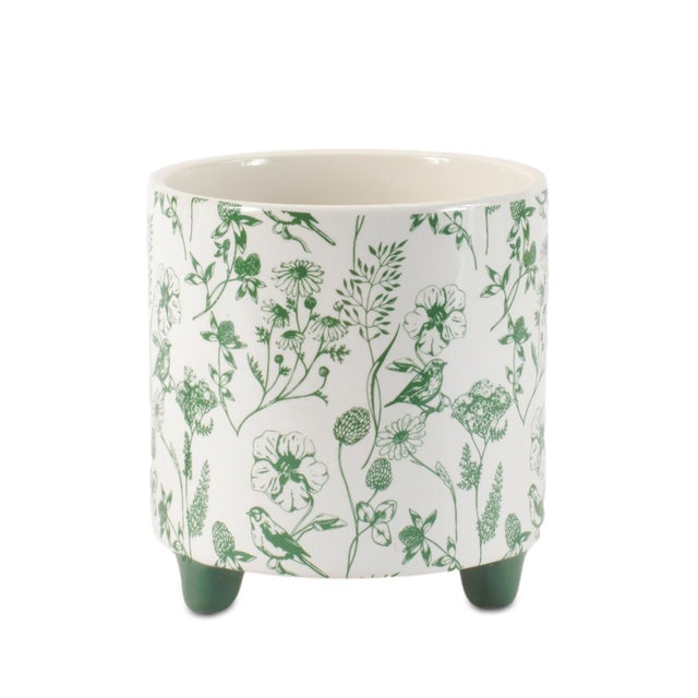 2020s Botanical Bird Print Dolomite Planter (Set of 2) For Sale - Image 5 of 5
