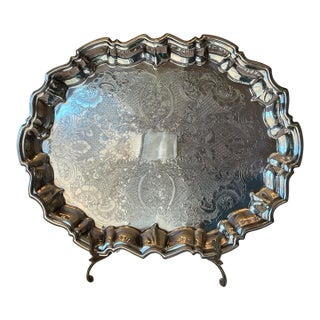 Vintage Leonard Silver Plate Footed Serving Tray With Ornate Floral Engraving For Sale