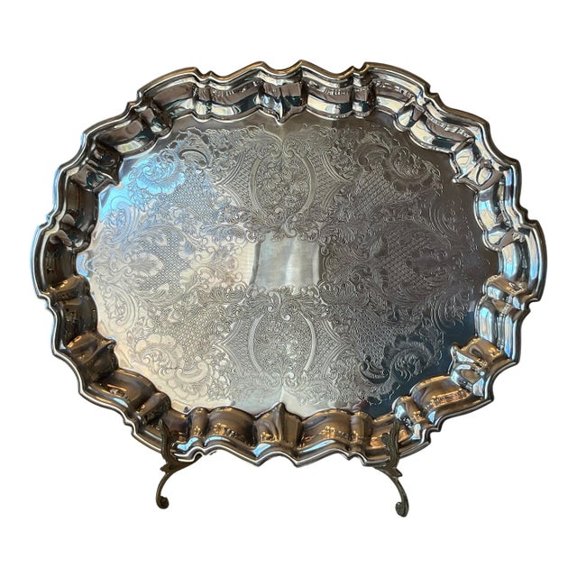 Vintage Leonard Silver Plate Footed Serving Tray With Ornate Floral Engraving For Sale