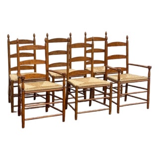 Mid 20th Century Set of 6 Rustic Style Beech Ladder Back Dining Chairs With Rush Seats For Sale