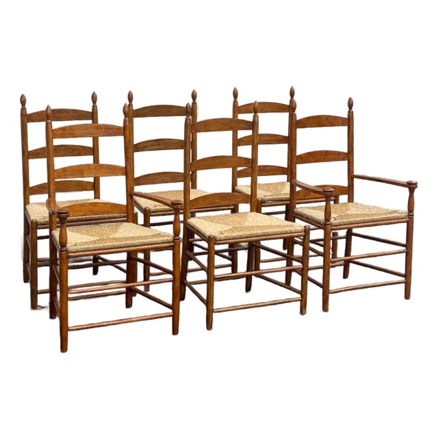 Mid 20th Century Set of 6 Rustic Style Beech Ladder Back Dining Chairs With Rush Seats For Sale