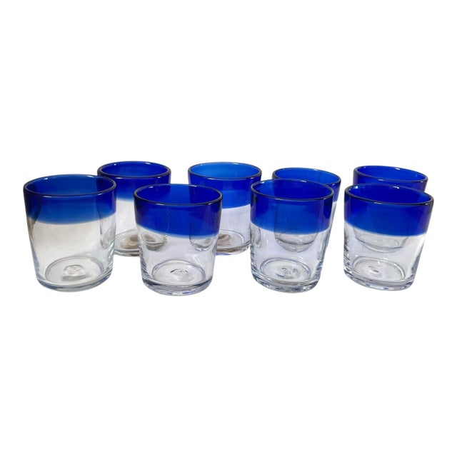 8 Mexican Hand Blown Cobalt Blue Rim Glass Tumbler Pontil Bubble Low Ball For Sale