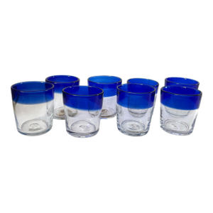 8 Mexican Hand Blown Cobalt Blue Rim Glass Tumbler Pontil Bubble Low Ball