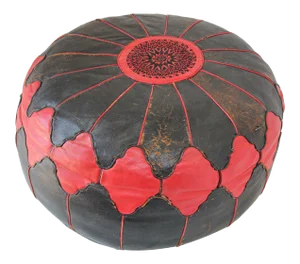 Vintage Moroccan Round Red and Black Leather Pouf Hand Tooled in Marrakech