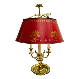 Mid 20th Century French Empire Style Three-Light Brass Bouillotte Lamp With Crimson Red Tole Shade For Sale