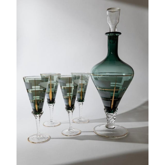 Vintage Italian Blue Murano Glass Liqueur Decanter Glasses with Hand Painted Gilt Details, 1950s, Set of 5 For Sale - Image 12 of 15