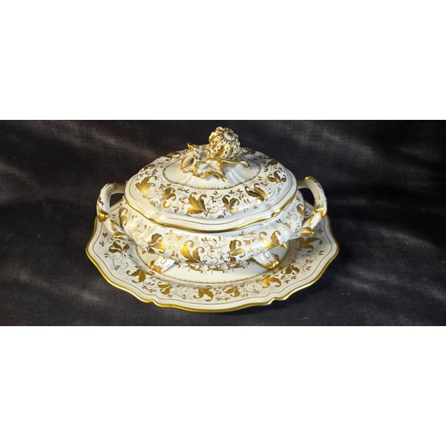 Covered Tureen with Stand in Porcelain with Gilded Vegetal Decoration from Le Tallec, Paris, France, 1960s For Sale - Image 3 of 16