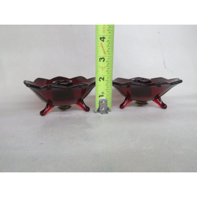 Glass Fenton Style 3 Footed Ruby Red Glass Candle Stick Holders a Pair For Sale - Image 7 of 12