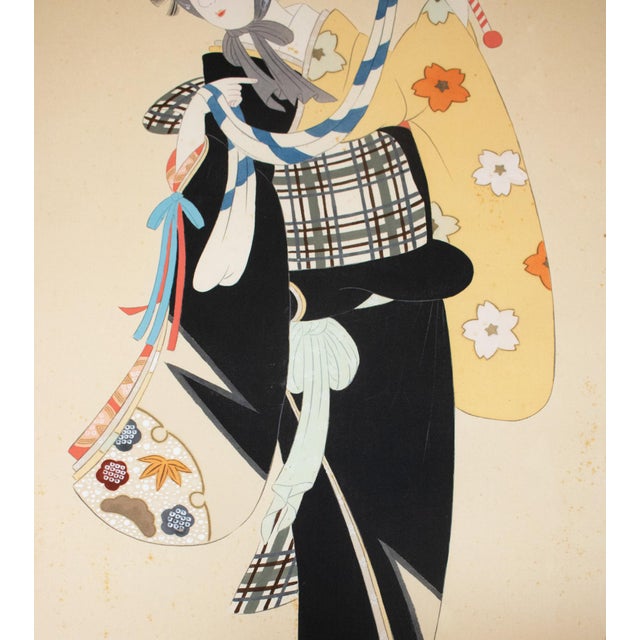 Mid 20th Century "Beauty With a Puppet" by Getsudo, Showa Era Japanese Silk Scroll Painting For Sale - Image 5 of 18