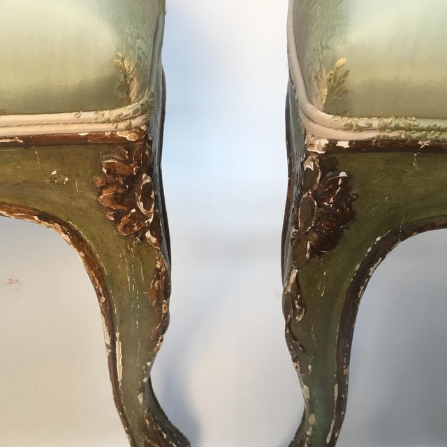 Late 19th Century Vintage Italian Green Painted, Carved and Gilt Louis XV Side Chairs- A Pair For Sale - Image 10 of 12