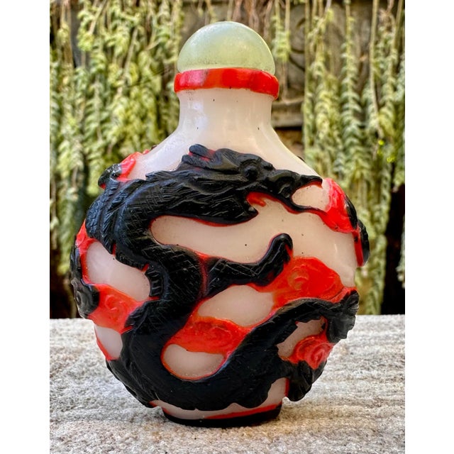 Chinese Antique Peking Glass Black Red Double Overlay Dragon Snuff Bottle For Sale - Image 3 of 12
