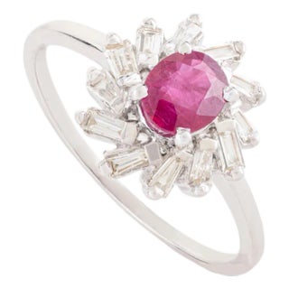 VRJewels Ruby & Baguette Diamond Halo Promise Ring Size 4 in 14k Gold For Sale