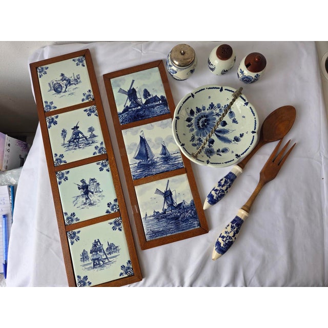 Vintage Delft Blue Tiles, Salt and Pepper Shaker, and Tray, 1920s, Set of 7 For Sale - Image 12 of 12