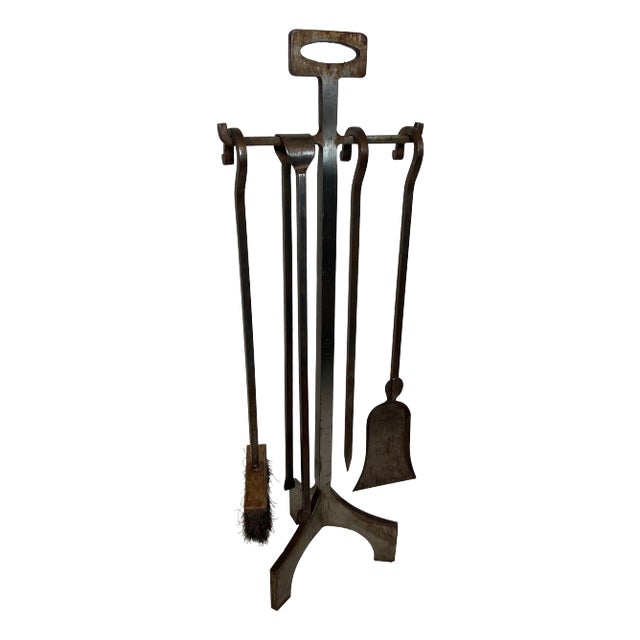 Modernist Steel Fireplace Tools on Stand For Sale