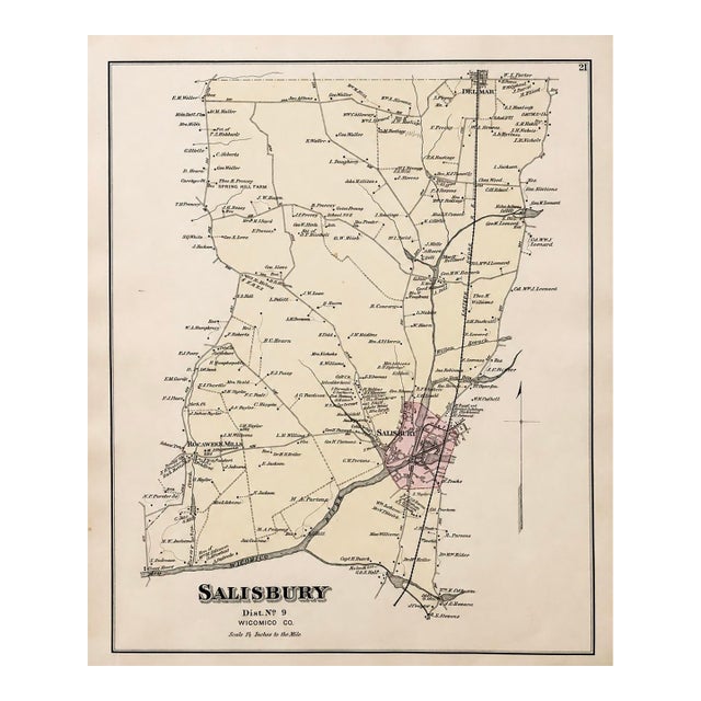 Salisbury, Maryland, & Rocawakin Mills Original Map, 1877 For Sale