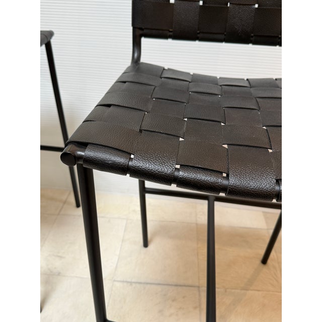 Animal Skin Mermelada Estudio for Cb2 Woven Leather Counter Stools, Pair For Sale - Image 7 of 12