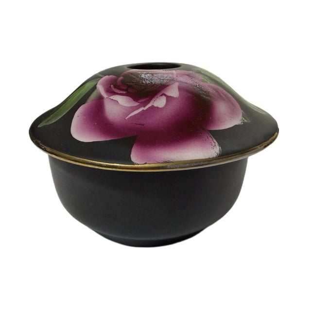 Rare Vintage Midwinter Burslem "Porcelon" Vanity Set - 6pc Black & Pink Rose Art Deco For Sale - Image 6 of 10