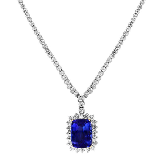 21 Carat Cushion-Cut AAA Tanzanite & 9.5 Ct Diamonds, Pendant Necklace Estate For Sale - Image 13 of 18
