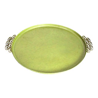 1950's Chinoiserie Mid-Century Avocado Green Round Moire Glaze of California Tray For Sale