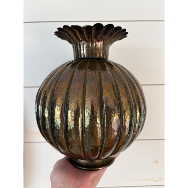 Beautiful hand-hammered brass vase by Egidio Casagrande, made in Italy and stamped on the underside. This piece features a...