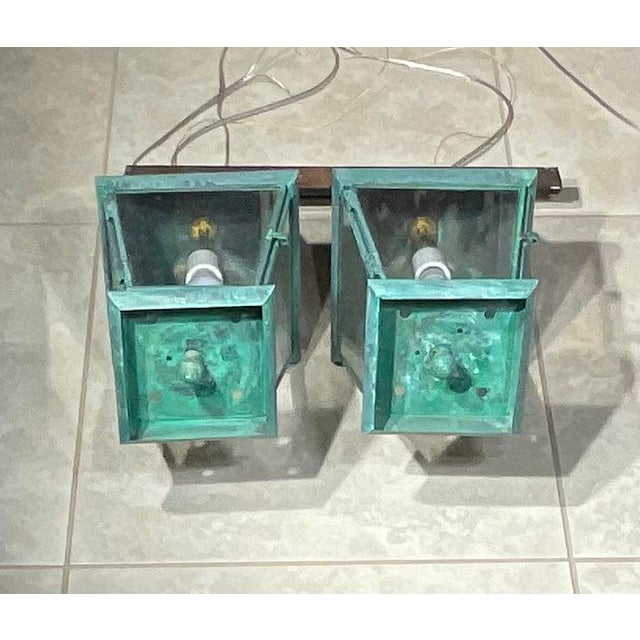 Pair of Vintage Solid Brass Hanging Lanterns. 20”.5 H X 8”.5w X 8”.5 W For Sale - Image 9 of 17