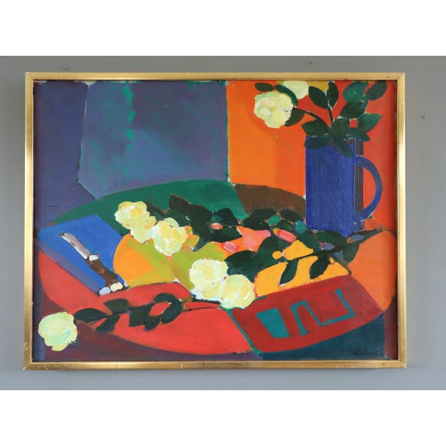 WHITE ROSES Size: 19.3 x 24.8 inches (including frame) Oil on canvas A vibrant mid-century modernist still life oil...