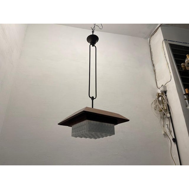 Brown Mid-Century Modern Wood, Bronze and Opaline Glass Pendant Light, 1950s For Sale - Image 8 of 9