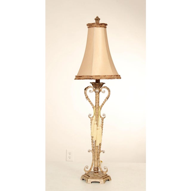 Distressed Painted Finish Pair Wrought Iron Table Lamps For Sale - Image 10 of 12