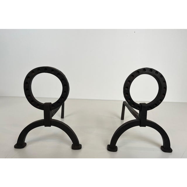 Pair of Modernist Wrought Iron Andirons in the Style of Jacques Adnet For Sale - Image 6 of 12