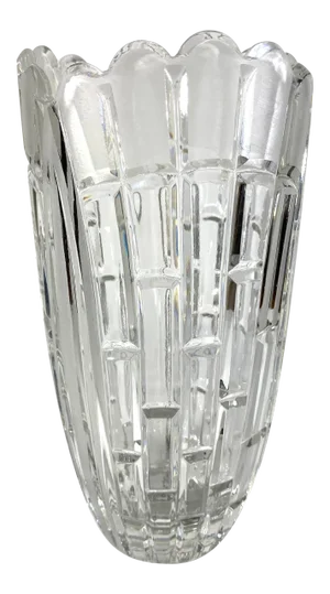 1980s American Brilliant Cut Crystal Ruffled Edge Etched Large Glass Vase
