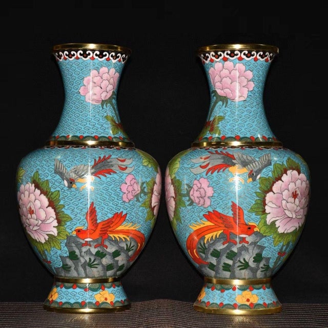 Dimensions (Each): Height 38cm (14.96") x Width/Diameter 20cm (7.87") Material: Copper body with cloisonné enamel (Jingtai...