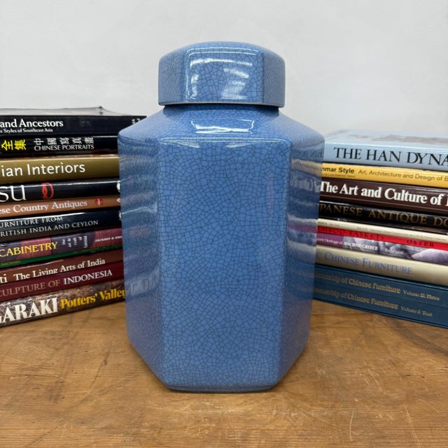 Blue Green Crackle Glaze Hexagonal Lidded Jar For Sale - Image 4 of 9