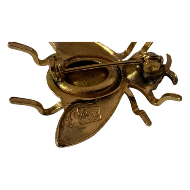 Vintage Signed Pegasus Coro Gold Tone Blue Rhinestone Fly Insect Brooch Pin For Sale In Palm Springs - Image 6 of 6