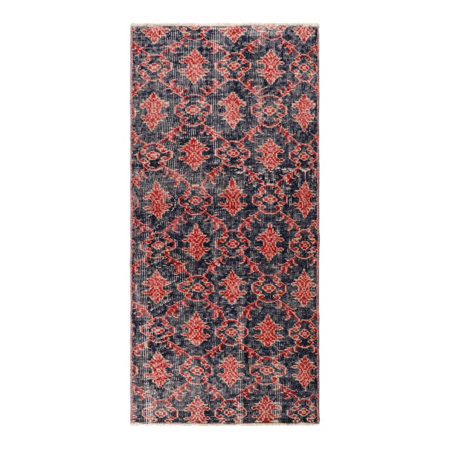 Vintage Zeki Müren Rug in Navy Blue With Red Geometric Patterns From Rug & Kilim For Sale