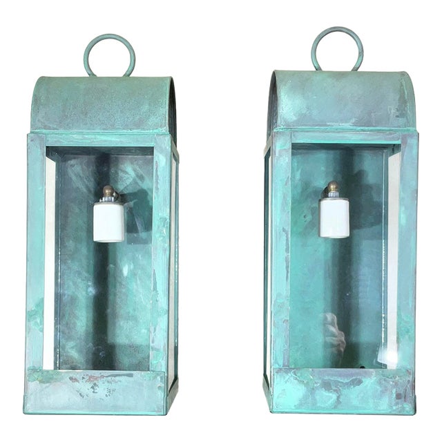Pair of Custom Hand-Crafted Solid Copper Wall Lanterns -17”x 6”25 Wide X 7”deep For Sale