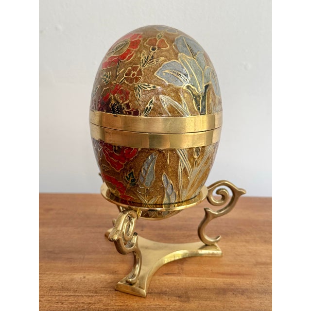 Metal Large 1970s Brass and Enamel Floral Egg Box on Stand For Sale - Image 7 of 8