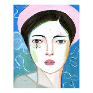 Lady With Pink Hat, Abstract Modern Portrait Oil Painting, Signed For Sale